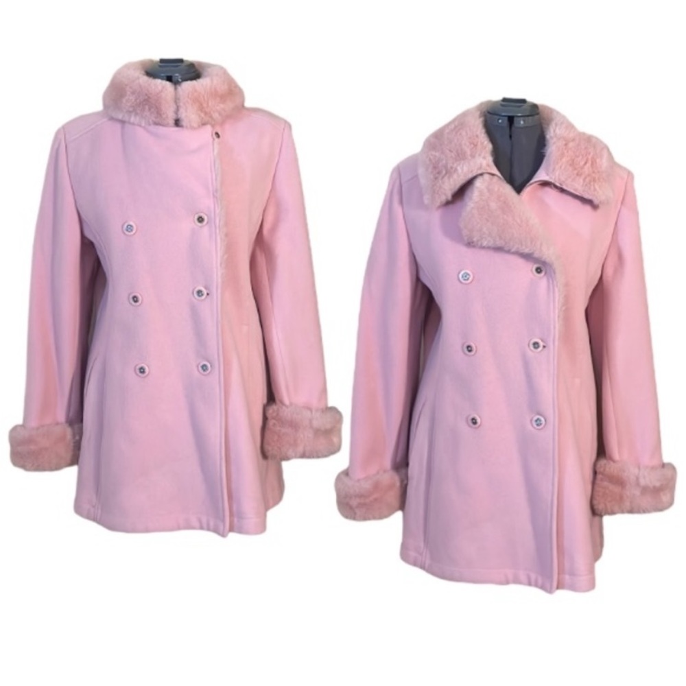 Charles Klein Pink Wool Coat with Faux Fur Details Size 14